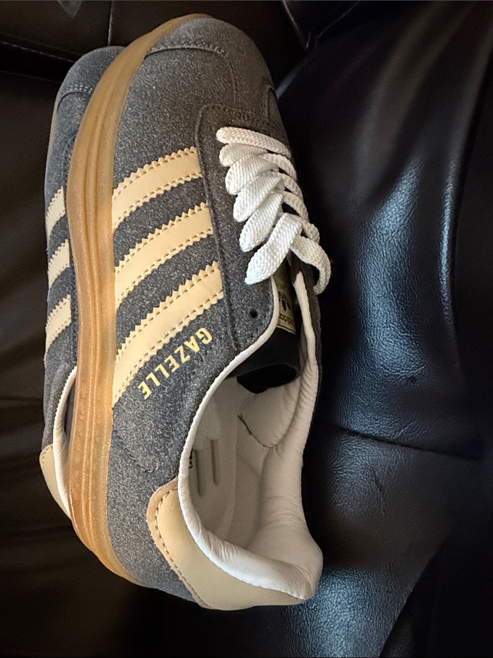 adidas Grey Suede Sneakers with Cream Stripes and Gum Sole - Picture 2 of 3